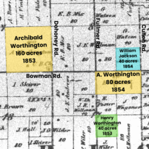 A map showing the location of Archbold Worthington's Highland Township property