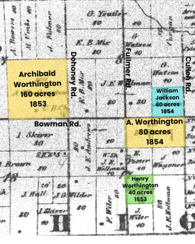 A map showing the location of Archbold Worthington's Highland Township property