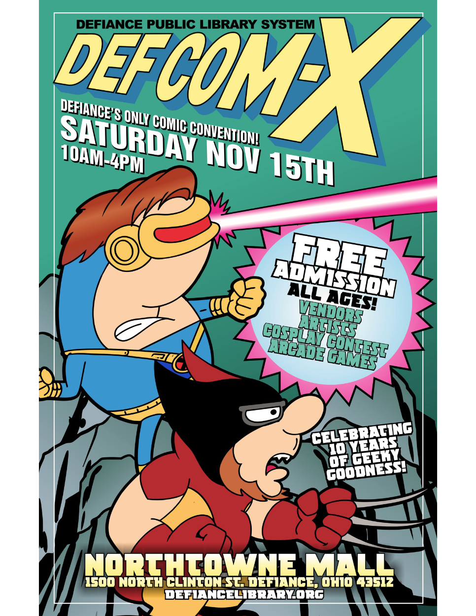 Xmen themed flyer for DefCom X, the library's mini comic convention taking place november 15 from 10AM to 4PM at Northtowne Mall, and featuring vendors, arcade games, a cosplay contest and more.