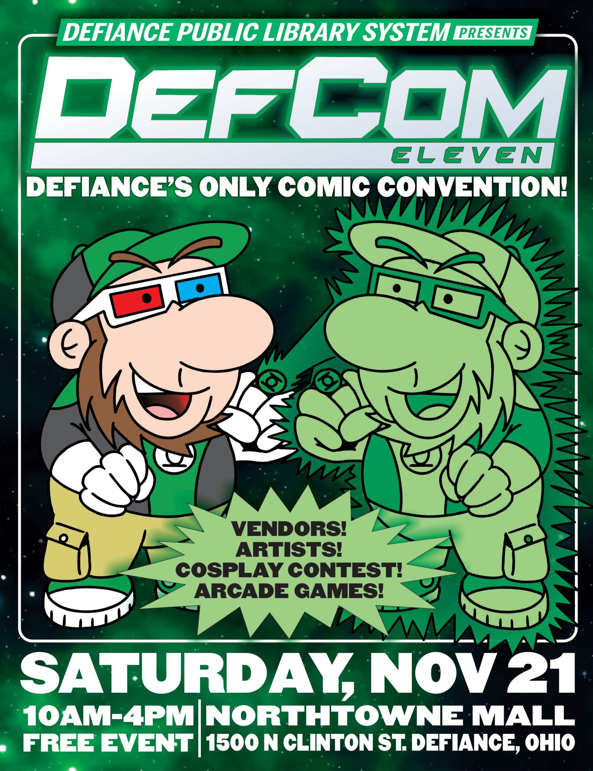 DefCom 11 promotional flyer featuring colorful cartoon-style characters.